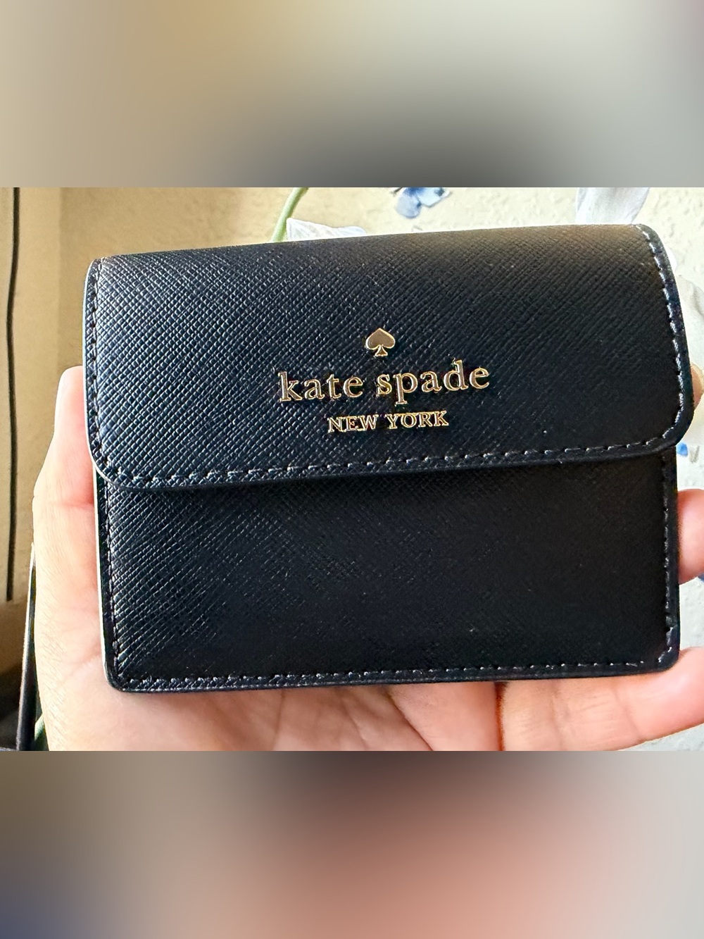 kate spade Black Saffiano Leather Card Case with Gold Chain